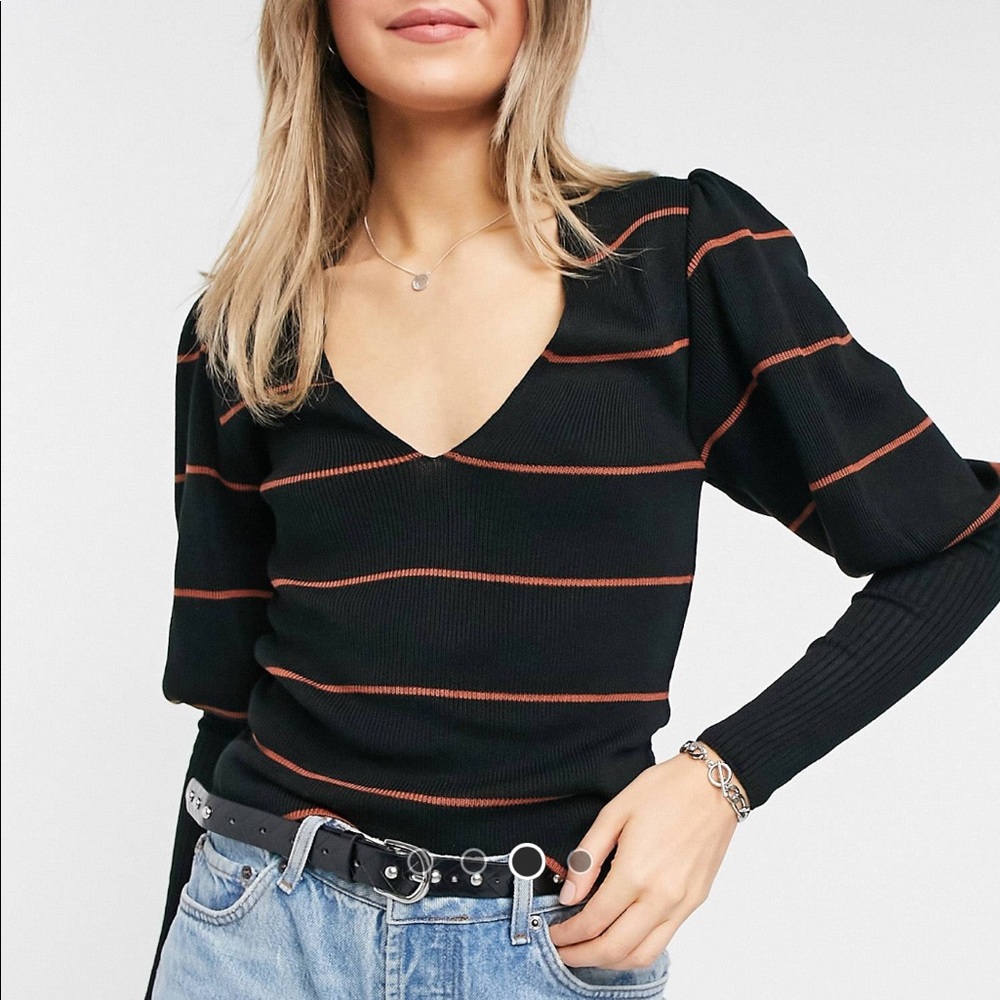 V-Neck Black Sweater with Rust Stripe